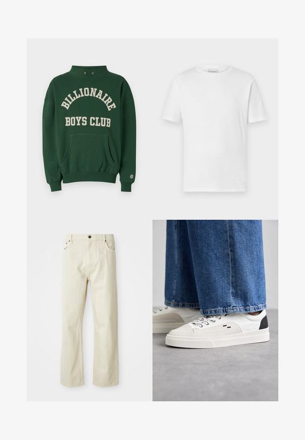 Grüner Pullover mit hohem Kragen, Fronttasche und "BILLIONAIRE BOYS CLUB" in Creme gedruckt. Mit Logo-Patch auf dem linken Ärmels.; Weißes T-Shirt mit kurzen Ärmeln aus Baumwolle. Hat einen runden Halsausschnitt und einen geraden Saum. Keine Muster oder Verzierungen. Einfaches Design.; Beige Baumwolljeans mit geradem Bein, fünf Taschen, Knopfverschluss und sichtbaren Steppdetails. Glatte Textur mit einem lässigen Design.; Weiße und schwarze Sneaker mit einem Obermaterial aus glattem Leder, strukturierten Akzenten und einer massiven weißen Sohle. Verfügt über ein klassisches Schnürdesign.