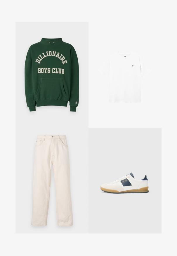 Grøn sweatshirt med høj hals, frontlomme og "BILLIONAIRE BOYS CLUB" trykt i creme. Inkluderer logo-patch på venstre ærme.; Hvid kortærmet t-shirt med rund hals og lille cirkulært logo, der viser et sort "W" på venstre brystområde.; Beige lige jeans i denim med knaplukning, fem lommer og synlige syninger. Glat tekstur.; Hvide sneakers med marineblå detaljer, lavet af ruskind og læder, med rund tå og gummisål. Har logo på siden og bagsiden.