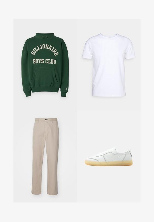 Grøn sweatshirt med høj hals, frontlomme og "BILLIONAIRE BOYS CLUB" trykt i creme. Inkluderer logo-patch på venstre ærme.; Hvid kortærmet t-shirt i bomuldsstof med rund halsudskæring. Enkel design uden mønstre eller detaljer. Glat tekstur.; Beige lige benbukser i letvægtsstof, med knaplukning og subtile syninger. Flad front med sidelommer.; Hvid lavtop læder sneaker med beige gennemsigtig sål, snørelukning foran og minimal syning, vist fra siden mod en ensfarvet baggrund.