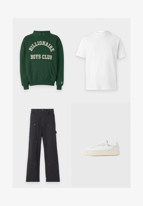 Grøn sweatshirt med høj hals, frontlomme og "BILLIONAIRE BOYS CLUB" trykt i creme. Inkluderer logo-patch på venstre ærme.; Ensfarvet hvid T-shirt med korte ærmer og rund halsudskæring, med et enkelt og rent design uden synlige logoer eller mønstre.; Sorte cargo-bukser lavet af slidstærkt stof med lige ben-design, der har forlommer, trykknapper og side-nytte lommer.; Hvid sneakers med en øvre del i tekstureret ruskind og læder. Har rundet tå, snørelukning og kontrasterende beige gummisål.
