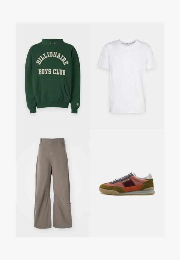 Roheline pusaku, millel on kõrge kaelus, esi-tasku ja "BILLIONAIRE BOYS CLUB" prinditud kreemja värviga. Vasakul varruka kohal on logo kleebis.; Valge lühikeste varrukatega T-särk, mis on valmistatud puuvillast. Omab ümarat kaelust ja mugavat lõike, ilma nähtavate mustrite või aktsentideta.; Henrik Vibskov DART PANTS - Avar lõikega teksad - walnut; PS Paul Smith DOVER - Tossud - pink