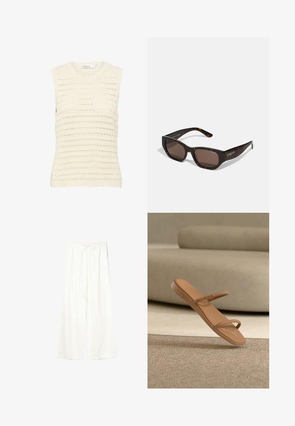 Top en tricot crème texturé avec un décolleté et des bords d'épaules en forme de vagues, présentant un motif en maille ouverte et un design sans manches.; Pantalon blanc à jambes larges avec taille élastique et cordon de serrage, en tissu léger.; Sandale marron à enfiler avec deux fines lanières, présentée au-dessus d'une surface beige texturée et devant un fond rembourré beige clair.; Lunettes de soleil en écaille de tortue avec des verres rectangulaires marron. La monture en plastique brillant présente un logo "vogue" en doré sur le côté.