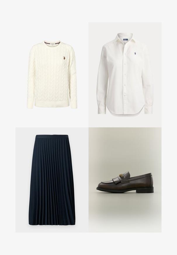 Pull blanc à manches longues en maille torsadée avec col rond et petit logo brodé de l'U.S. Polo Assn. sur la poitrine gauche.; Chemise blanche à manches longues avec boutons, col et petit logo bleu d’un joueur de polo sur la poitrine gauche.; Jupe plissée marine avec une taille texturée, en tissu lisse, présentant des plis verticaux régulièrement espacés et un design mi-mollet.; Mocassin en cuir marron foncé avec détail à franges et boucle dorée sur semelle noire, vu de côté sur un fond neutre.