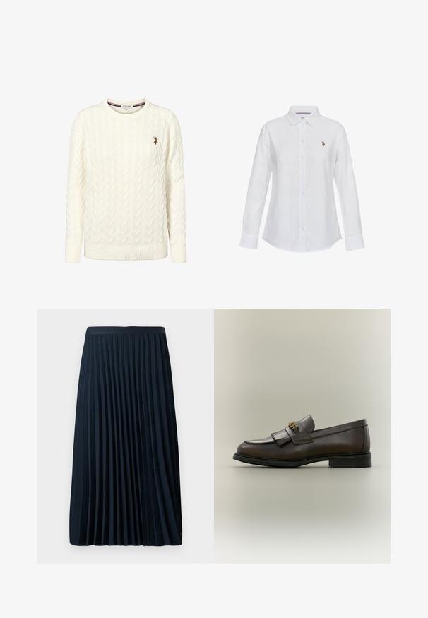 Pull blanc à manches longues en maille torsadée avec col rond et petit logo brodé de l'U.S. Polo Assn. sur la poitrine gauche.; Chemise blanche à manches longues avec un col classique. Dispose d'un logo brodé sur la poitrine gauche et d'une texture de tissu lisse.; Jupe plissée marine avec une taille texturée, en tissu lisse, présentant des plis verticaux régulièrement espacés et un design mi-mollet.; Mocassin en cuir marron foncé avec détail à franges et boucle dorée sur semelle noire, vu de côté sur un fond neutre.