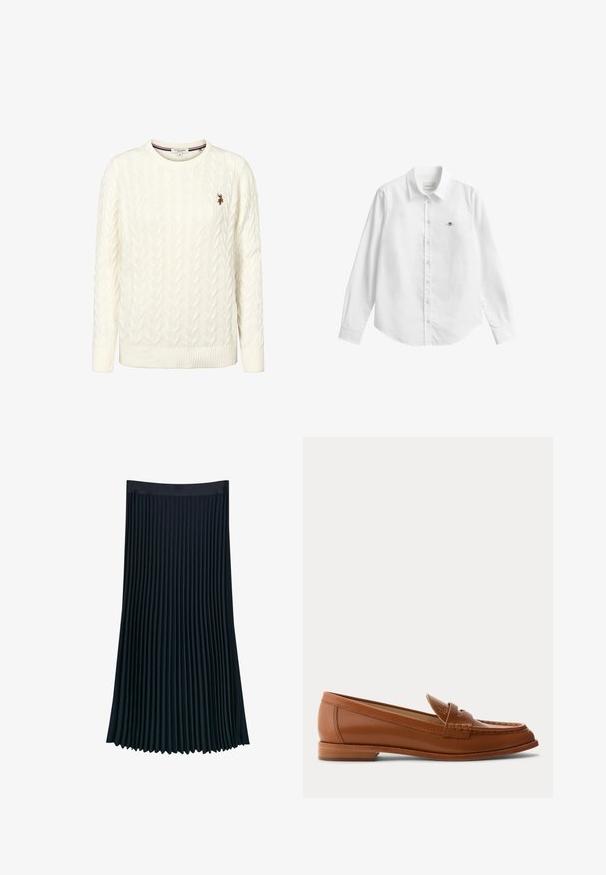 Pull blanc à manches longues en maille torsadée avec col rond et petit logo brodé de l'U.S. Polo Assn. sur la poitrine gauche.; Chemise blanche à manches longues avec boutons, fabriquée dans un tissu légèrement texturé. Dotée d'une poche avant avec un petit logo brodé et d'un col classique.; Jupe plissée en tissu bleu marine foncé, dotée d'une taille lisse et de plis verticaux pour texture et mouvement, avec une silhouette fluide.; Mocassin en cuir marron avec petit talon en bois, bride classique pour pièce et détails cousus le long de la pointe et des côtés.