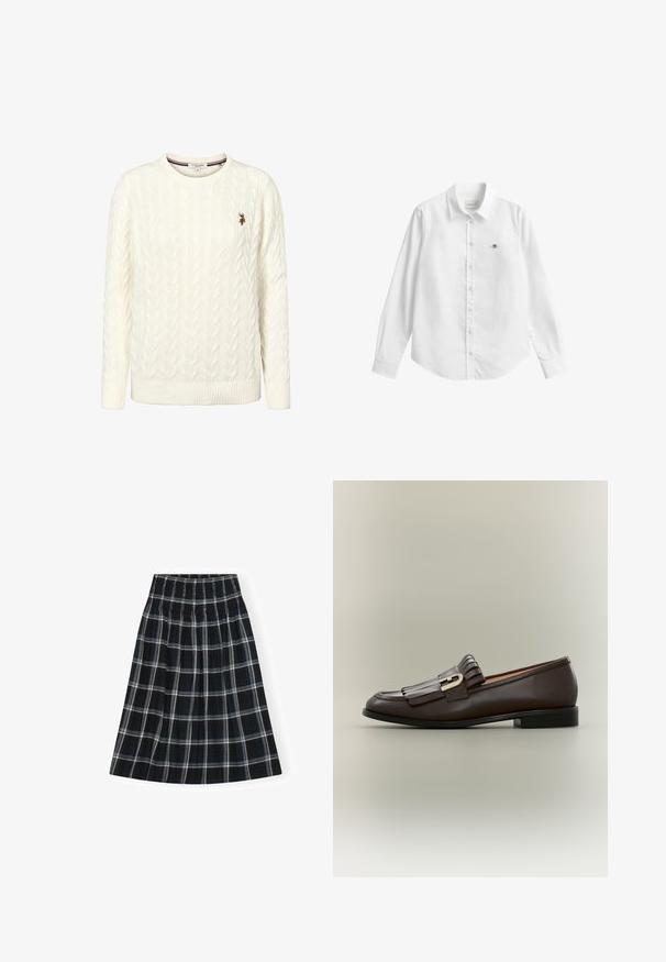 Pull blanc à manches longues en maille torsadée avec col rond et petit logo brodé de l'U.S. Polo Assn. sur la poitrine gauche.; Chemise blanche à manches longues avec boutons, fabriquée dans un tissu légèrement texturé. Dotée d'une poche avant avec un petit logo brodé et d'un col classique.; Jupe à carreaux noir et blanc avec un waistband smocké, longueur genou, présentant un design évasé et une texture de tissu douce.; Mocassin en cuir marron foncé avec détail à franges et boucle dorée sur fond neutre, vue latérale.