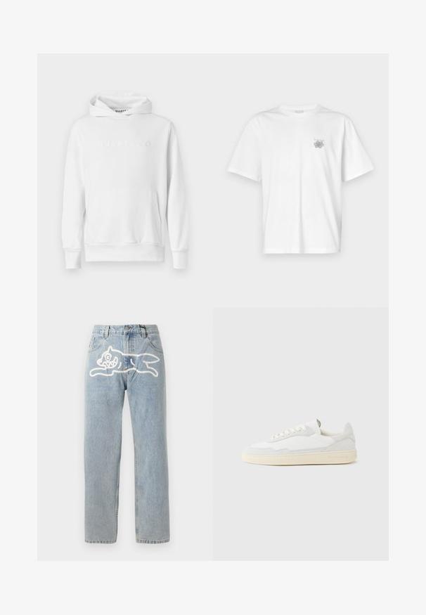 Hvid hoodie med frontkangaroo-lomme, snørehætte og præget "QUARTZ CO" logo på brystet. Blødt bomuldsstof.; Hvid t-shirt lavet af bomuld med korte ærmer, rund halsudskæring og et lille gråt logo på venstre brystområde. Glat tekstur.; Lyselavendel denim jeans med en lige pasform, der har et stort hvidt grafik af en kat på ryggen. Klassisk fem-lommers design.; Hvid sneakers med en øvre del i tekstureret ruskind og læder. Har rundet tå, snørelukning og kontrasterende beige gummisål.