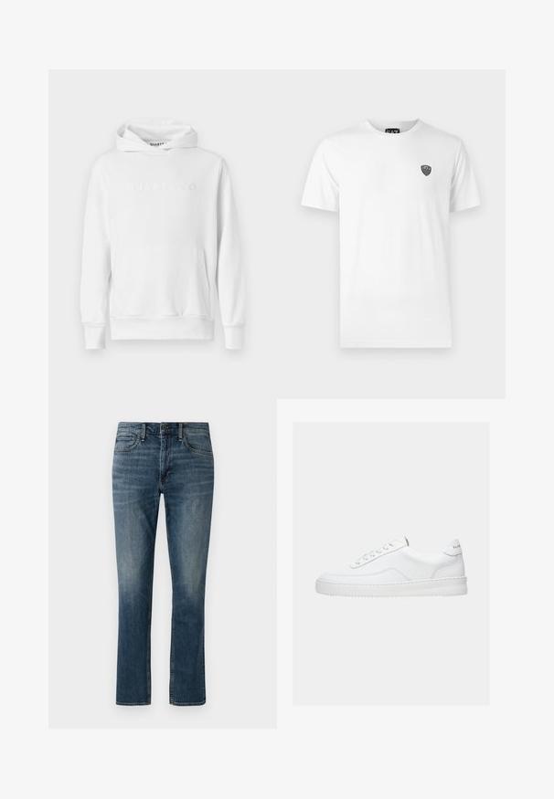 Hvid hoodie med frontkangaroo-lomme, snørehætte og præget "QUARTZ CO" logo på brystet. Blødt bomuldsstof.; Hvid bomuld t-shirt med korte ærmer, der har et lille sort logo på venstre brystområde. Klassisk crew neck design.; Mørkeblå denimjeans med lige ben. Funktionen inkluderer forlommer, en knaplukning og diskrete slidmærker nær lårene.; Hvid lavt sneaker med snørelukning, glat læderoverdel og tyk sål, vist fra siden på en ensfarvet baggrund.