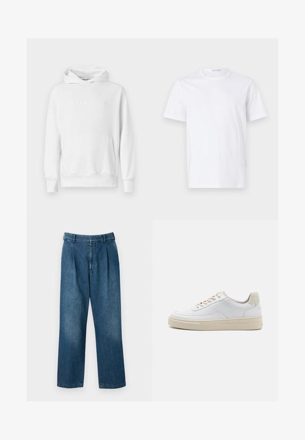 Hvid hoodie med frontkangaroo-lomme, snørehætte og præget "QUARTZ CO" logo på brystet. Blødt bomuldsstof.; Hvid bomulds t-shirt med rund halsudskæring og korte ærmer. Glat tekstur, lige snit og minimalistisk design uden mønstre eller accenter.; Blå denimbukser med lige ben, der har en høj talje, frontfolder og en klassisk knaplukning. Glat tekstur.; Hvide sneakers med en glat læderoverdel, beige snørebånd og en tekstureret beige ruskindsheel-tab. Hævet sål for ekstra højde.