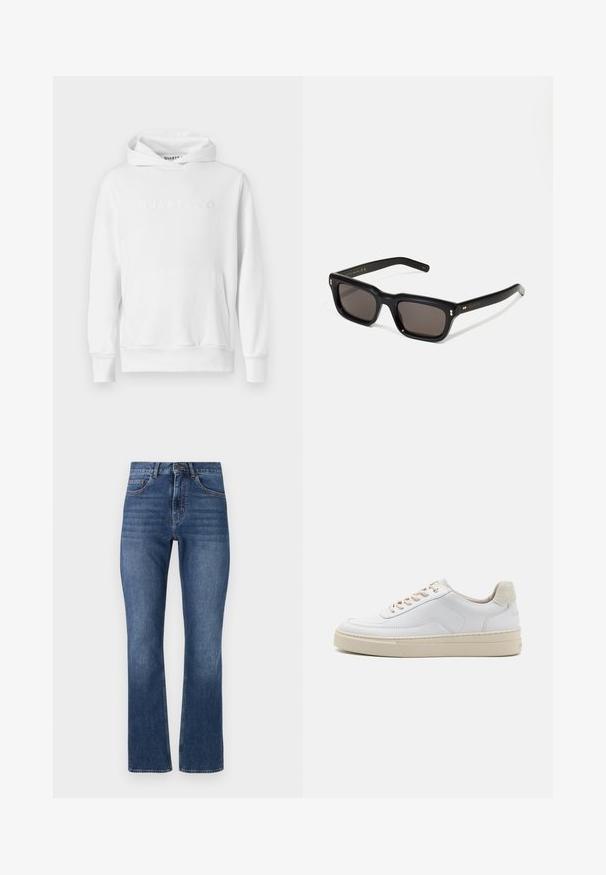 Hvid hoodie med frontkangaroo-lomme, snørehætte og præget "QUARTZ CO" logo på brystet. Blødt bomuldsstof.; Blå denim jeans med lige ben, der har standardlommer og en syet talje, og udviser en medium vask med subtile slidmærker.; Hvide sneakers med en glat læderoverdel, beige snørebånd og en tekstureret beige ruskindsheel-tab. Hævet sål for ekstra højde.; Sorte rektangulære solbriller med mørke glas, tyk plastisk ramme, guldtryk på stængerne og brandlogo indgraveret på armen.
