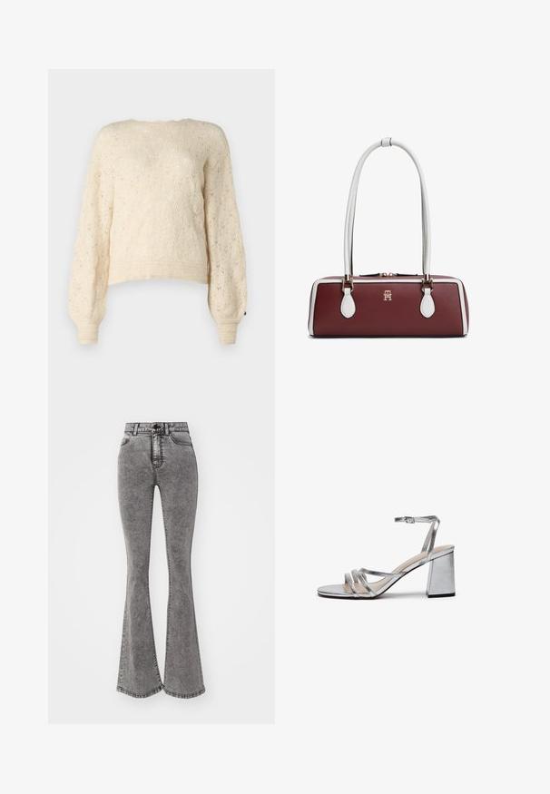 Cremefarvet strikket sweater med et tekstureret diamantmønster, lange puffede ærmer og ribbede manchetter. Den cropped design tilføjer et moderne præg.; Højtaljede flared jeans i en falmet grå denim med slidte detaljer, med knaplukning og fem-lomme design.; Sølvmetallic højhælede sandaler med blokhæle, tynd ankelrem og flere brede remme over forfoden. Glat tekstur.; Rektangulær burgunder håndtaske med hvid kant og lange hvide håndtag, med et lille guldlille logo midt foran.