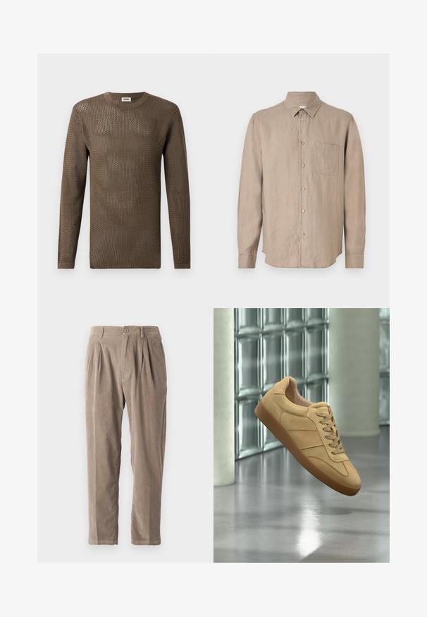 Pull en tricot marron à manches longues avec un motif structuré et ajouré. L'encolure ronde et les poignets côtelés complètent le design.; Chemise en lin marron à manches longues avec col pointu, fermeture à boutons, poche poitrine unique et coupe décontractée. Texture douce et design léger.; Pantalon en velours côtelé beige avec une coupe décontractée, présentant des plis, une fermeture à bouton, des poches latérales, une surface texturée et un design de jambe fuselée.; Baskets beiges en daim avec semelle en gomme, design à lacets, flottant à l'intérieur sur un sol en béton poli près d'un mur en blocs de verre.
