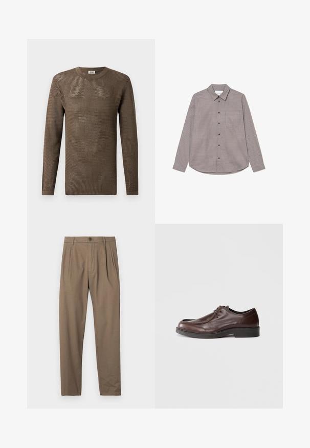 Brun, langærmet striktrøje med et struktureret, åbent vævemønster. Rundet halsudskæring og ribbede manchetter fuldender designet.; Langærmet skjorte med knaplukning i brune og beige tern. Har en krave, en brystlomme og sorte knapper langs fronten.; Brune plisserede bukser lavet af blødt stof, med lynlås og knaplukning foran, lige ben-design og glat overflade.; Brune lædersko med rund tå, minimal syning og en solid sort sål. Har snørelukning og en glat overflade.
