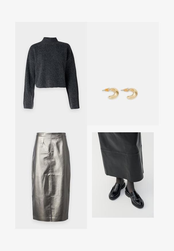 Afskåret, mørkegrå sweater med høj hals og lange ærmer. Fremstillet af tekstureret strikket stof med diskrete mønstre gennem hele. ; Metallic sølv blyantskirt i et glat, skinnende materiale. Har høj talje, slids bagpå og detaljer med midtersøm.; Sorte læder loafers med en glat finish, prydet med en dekorativ rem, rund tå og tekstureret sål. Båret med en lang sort læderskirt.; Guld halvmåneformede øreringe med en glat overflade, der har orange accenter nær stiften og sølv hardware.