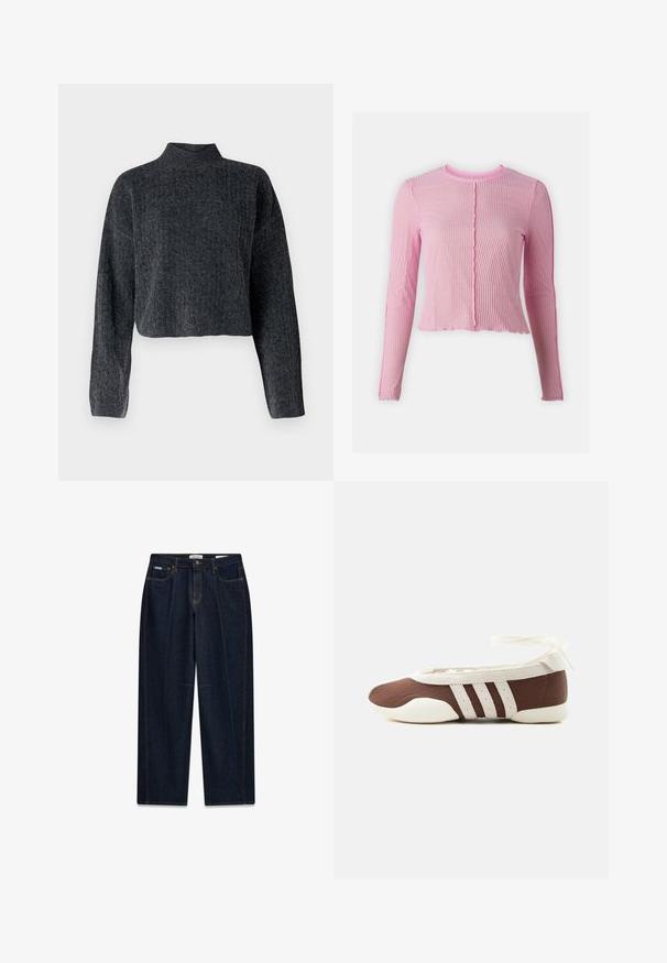 Afskåret, mørkegrå sweater med høj hals og lange ærmer. Fremstillet af tekstureret strikket stof med diskrete mønstre gennem hele. ; Lyserød ribbet langærmet top med bølget kant og rund halsudskæring. Har en central knapfri åbning og tekstureret stof.; Mørkeblå straight-leg jeans med fem lommer og knaplukning i taljen.; Brun og hvid balletflad sko med tre hvide striber og ankelbånds sløjfe på en ensartet lys baggrund.