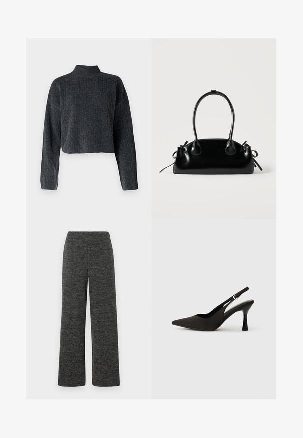 Suéter corto de color gris oscuro con cuello alto y mangas largas. Confeccionado en un tejido de punto texturizado con un sutil patrón en toda la superficie.; Pantalones de pierna ancha en tejido texturizado negro y gris, con una cintura elástica para mayor comodidad. Sin bolsillos ni cierres visibles.; Zapatos de tacón negro tipo slingback con puntera afilada, acabado mate suave y un tacón delgado y brillante. Correa ajustable con detalle de hebilla pequeña.; Pequeño bolso negro brillante con dos asas largas y detalles de cordón lateral sobre un fondo claro liso.