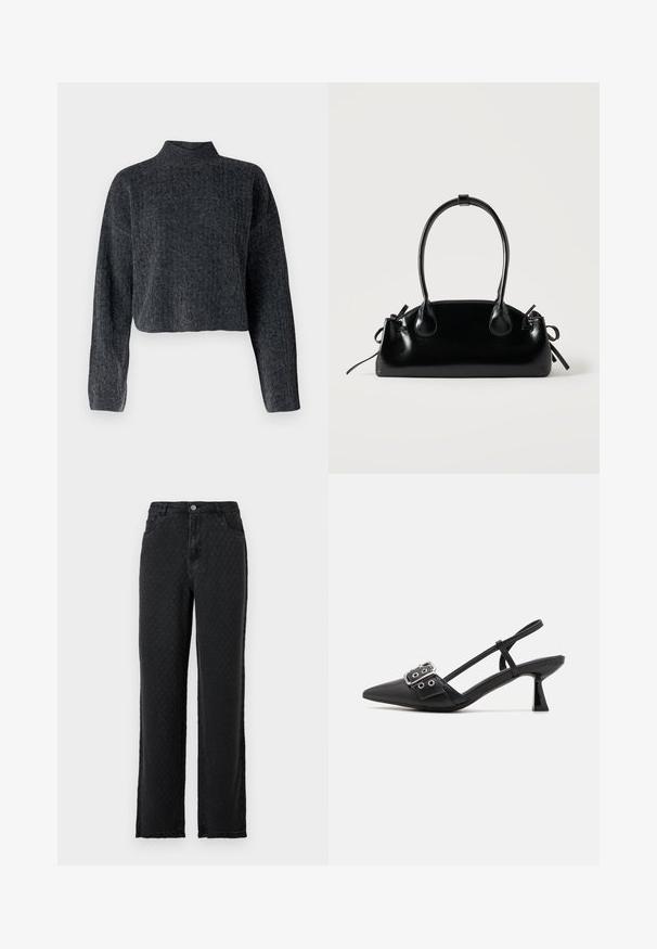 Pull court de couleur gris foncé avec un col haut et des manches longues. Fabriqué en tissu tricoté texturé avec un motif subtil.; Jeans larges noirs texturés avec poches avant et fermeture à bouton sur fond uni.; Simmi London DALA - Escarpins - black; Petit sac à main noir brillant avec deux longues anses et des détails à cordon sur les côtés sur un fond clair uni.