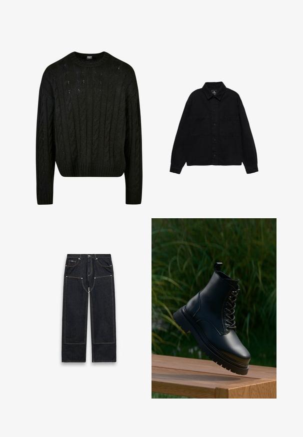 Pull en tricot noir avec des motifs en maille torsadée, col rond, épaules tombantes et ourlet côtelé. Design mi-crop avec une finition texturée.; Veste chemise en denim noir avec col à revers, fermeture à boutons, deux poches poitrine et manches longues. Texture lisse, design décontracté.; Jean denim noir à jambes droites avec des renforts aux genoux, des coutures jaunes visibles, des poches avant et arrière, et une fermeture à bouton à la taille.; Bottine en cuir noir avec un bout rond, un laçage sur le devant et une semelle épaisse à bords crantés. Dispose d'une languette au col pour faciliter l'enfilage.