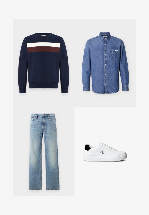 Navy collegepaita, jossa on etupainatus vaakasuorilla raidoilla valkoisena, burgundina ja oliivinvihreänä. Pyöreä kaula-aukko, ribattu hihansuuhun ja helmaan.; Denim-paita keskisinisenä, pitkät hihat, napitettava edusta ja yksi rintatasku, jossa on logopläkki. Klassinen kaulussuunnittelu.; Vaaleansiniset suoralahkeiset denimfarkut, joissa on korkea vyötärö, viisi taskua, nappikiinnitys ja hienovarainen haalistuma reisien ja polvien kohdalla.; Valkoinen matala tennari mustalla kantapäänauhalla ja sivulla olevalla "cK"-logolla, varustettu valkoisilla nauhoilla ja paksulla valkoisella pohjalla.