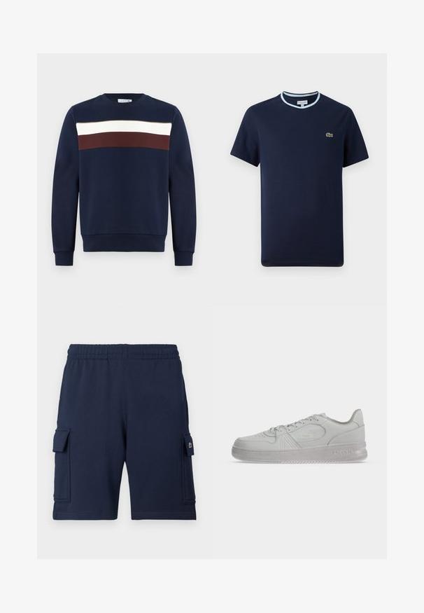 Marineblå sweatshirt med et frontdesign, der har horisontale striber i hvid, burgunder og olivengrøn. Rund halsudskæring, ribbede ærmer og kant.; Marineblåt T-shirt i bomuld, med en lys blå ribbet halsudskæring. Har et lille grønt krokodille-logo på brystet. Kortærmet design.; Marineblå cargoshorts lavet af blødt stof, med elastisk taljebånd, to sidelommer og et lille logo på venstre lomme.; Hvid lav Lacoste sneaker med snørebånd, præget logo på siden og tekstureret sål på en ensfarvet baggrund.