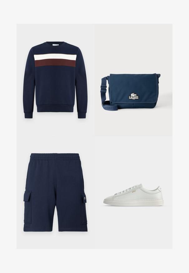 Marineblaues Sweatshirt mit einem Frontdesign aus horizontalen Streifen in Weiß, Burgunderrot und Olivgrün. Rundhalsausschnitt, gerippte Bündchen und Saum.; Marineblaue Cargo-Shorts aus weichem Stoff, mit einem elastischen Bund, zwei Seitentaschen und einem kleinen Logoakzent auf der linken Tasche.; Weißer Leder-Sneaker in niedriger Ausführung mit Schnürsenkeln, flacher Sohle und kleinem goldfarbenem "BOSS" Logo an der Seite, von der Außenseite betrachtet.; Marineblaue Lacoste Messenger-Tasche mit verstellbarem Riemen und Logo-Patch auf der Vorderklappe, vor einem schlichten hellen Hintergrund.