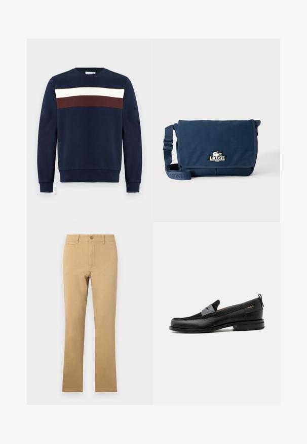 Marineblaues Sweatshirt mit einem Frontdesign aus horizontalen Streifen in Weiß, Burgunderrot und Olivgrün. Rundhalsausschnitt, gerippte Bündchen und Saum.; Hellekhakifarbene, gerade geschnittene Baumwollhosen mit einem Knopfverschluss, Fronttaschen und einer glatten Textur.; Schwarzer Lederloafer mit grauem Riemendetail, niedrigem Absatz und strukturierter Sohle, seitlich mit „HUGO“ in Gold gebrandmarkt.; Marineblaue Lacoste Messenger-Tasche mit verstellbarem Riemen und Logo-Patch auf der Vorderklappe, vor einem schlichten hellen Hintergrund.
