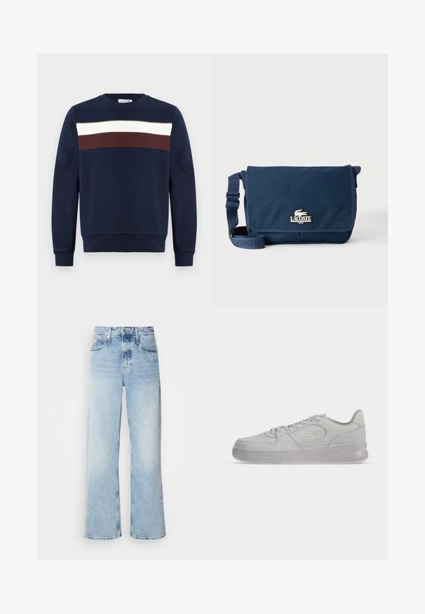 Marineblaues Sweatshirt mit einem Frontdesign aus horizontalen Streifen in Weiß, Burgunderrot und Olivgrün. Rundhalsausschnitt, gerippte Bündchen und Saum.; Helle blaue weite Jeans mit hoher Taille, in verwaschenem Finish, mit Gürtelschlaufen und klassischem Fünf-Taschen-Design. Der Saum ist ungesäumt.; Weißer, flacher Lacoste-Sneaker mit Schnürsenkeln, geprägtem Logo an der Seite und strukturierter Sohle auf einfachem Hintergrund.; Marineblaue Lacoste Messenger-Tasche mit verstellbarem Riemen und Logo-Patch auf der Vorderklappe, vor einem schlichten hellen Hintergrund.