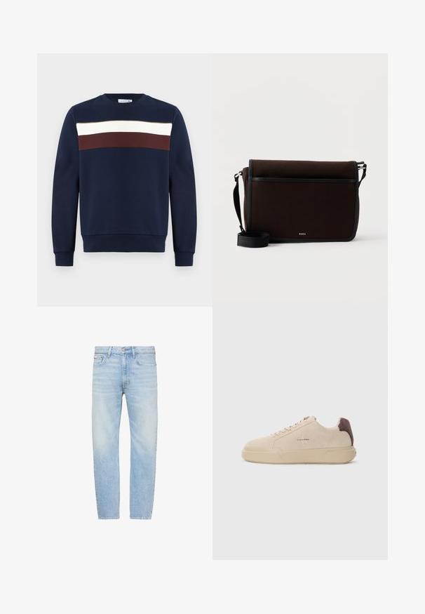 Marineblå sweatshirt med et frontdesign, der har horisontale striber i hvid, burgunder og olivengrøn. Rund halsudskæring, ribbede ærmer og kant.; Lyseblå jeans med lige ben, fem lommer, knaplukning og falmede vaskedetaljer på lår og knæ.; Beige ruskind sneakers med rund tå, snørret foran og en brun ruskindsdetalje på hælen. Har en tekstureret gummisål.; Mørkebrun stof messenger-taske med justerbar sort rem og lille sølvfarvet "BOSS"-logo på forklappen.