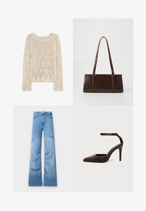Pull en maille couleur crème avec motif ajouré en forme de losanges et manches longues, par Ivy Oak.; Jean bleu clair à jambes larges avec taille haute, bouton à l'avant et poches, présentant un motif floral subtil lavé sur les jambes.; Chaussure à talon haut en cuir marron avec bout pointu, trois petites boucles argentées sur le devant et bride de cheville réglable avec boucle.; Sac à main en cuir verni marron de forme rectangulaire, avec deux longues poignées et des accents courbés subtils à l'avant.