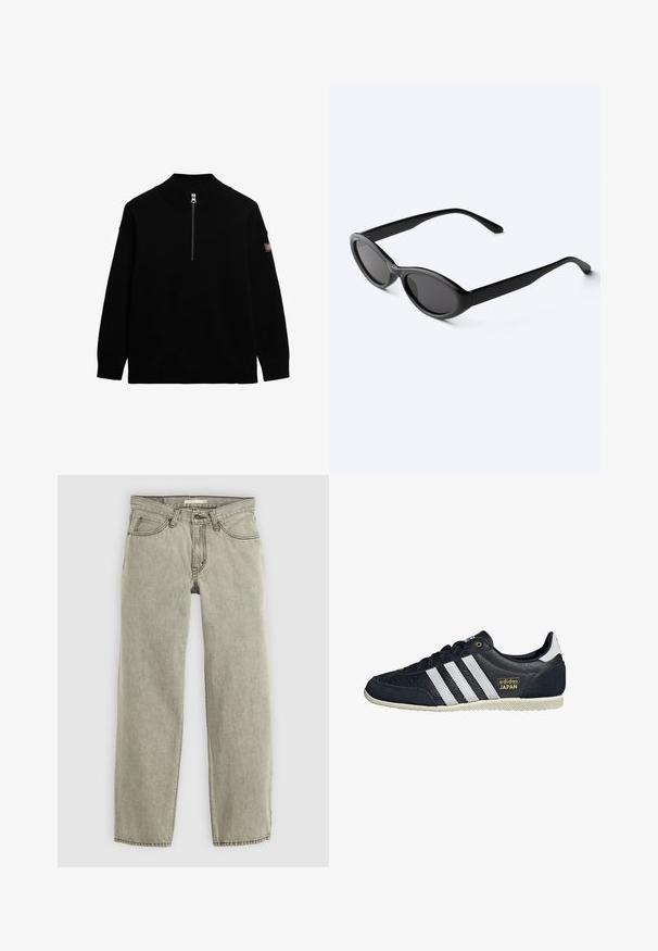 Pull en tricot noir avec un col montant et une fermeture éclair à l'avant. Poignets et ourlet à côtes. Présente un petit patch logo sur la manche.; Jeans gris clair à jambe droite avec fermeture à bouton et zip à l'avant, passants de ceinture et design à cinq poches.; Baskets en cuir noir avec trois rayures blanches, une finition texturée, un logo doré "adidas JAPAN" et une semelle en caoutchouc avec un motif de grip.; Lunettes de soleil ovales noires et élégantes avec des verres foncés et des branches droites, posées sur une surface blanche.