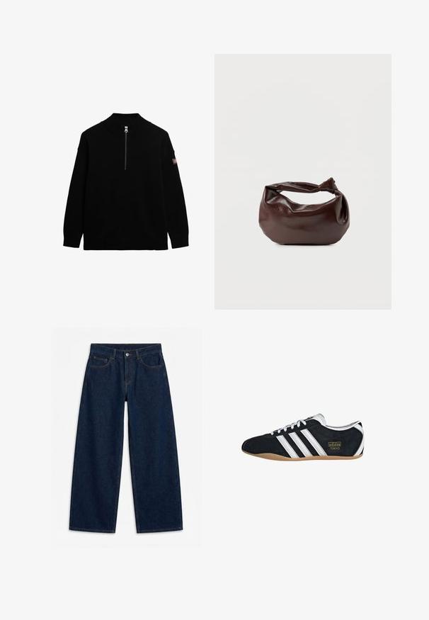 Sort striktrøje med høj krave og en frontlynlås. Ribbet manchetter og kant. Har et lille logo-patch på ærmet.; Mørkeblå vidde denimjeans med frontknap og lynlås, bæltestropper og femlomme-stil, lagt fladt på en hvid baggrund.; Sort ruskinds sneaker med hvide tre striber, guldlogo og en brun gummisål. Har et lavprofil snørebåndsdesign.; Mørkebrun læder skuldertaske med en blød, afslappet form og et snoet knudehåndtag på en ensartet hvid baggrund.