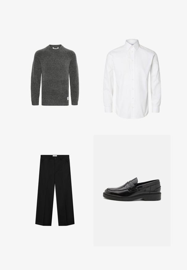 Suéter de lana gris con mangas largas, cuello redondo y puños acanalados. Presenta una pequeña etiqueta en el lado inferior. Textura suave.; Camisa blanca de manga larga con cuello puntiagudo, botones visibles en la parte delantera y puños abotonados.; Pantalones negros de pierna ancha hechos de un material liso, con bolsillos delanteros, cierre de botón y una plancha a lo largo de cada pierna.; Mocasines de cuero negro con un acabado suave, punta redondeada, tacón bajo y costura decorativa en la parte delantera. Suela de goma para mayor agarre.