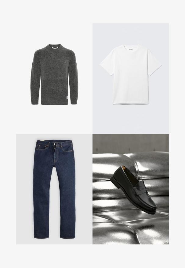 Grijze wollen trui met lange mouwen, ronde halslijn en ribgebreide manchetten. Beschikt over een klein label aan de onderkant. Zachte textuur.; Witte T-shirt met korte mouwen en ronde hals, plat gelegd, effen ontwerp, met een "WEEKDAY" label in de kraag op een lichte achtergrond.; Donkerblauwe recht gesneden spijkerbroek met knoopsluiting, voor- en achterzakken en contrasterende stiksels, plat gelegd op een lichte achtergrond.; Zwarte leren loafer zweeft boven een glanzende zilveren leren bank met knopen in een minimalistische setting.