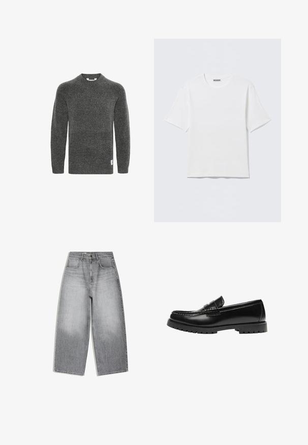 Grijze wollen trui met lange mouwen, ronde halslijn en ribgebreide manchetten. Beschikt over een klein label aan de onderkant. Zachte textuur.; Effen witte T-shirt met korte mouwen en ronde hals, met een klein "WEEKDAY" label aan de binnenkant van de achterkraag, weergegeven op een vlakke ondergrond.; Grijze denim jeans met hoge taille en wijde pijpen, voorzakken en knoopsluiting, plat weergegeven op een witte achtergrond.; Zwarte leren loafer met een dikke rubberen zool en klassieke penny-strap details, gezien vanaf de buitenkant.