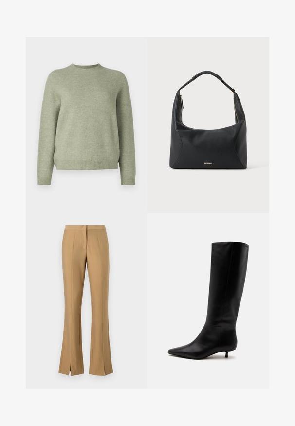 DRYKORN PEMIRI - Pullover - green; Pantalons évasés beige avec fentes à l'avant, fabriqués en tissu lisse. Caractéristiques : une taille plate et des plis marqués qui descendent le long des jambes.; Botte noire en cuir jusqu'au genou avec bout pointu et petit talon kitten sur un fond clair uni.; Sac à épaule en cuir noir avec anse tressée, détail de fermeture éclair dorée et petit logo "HUGO" doré au centre à l'avant.