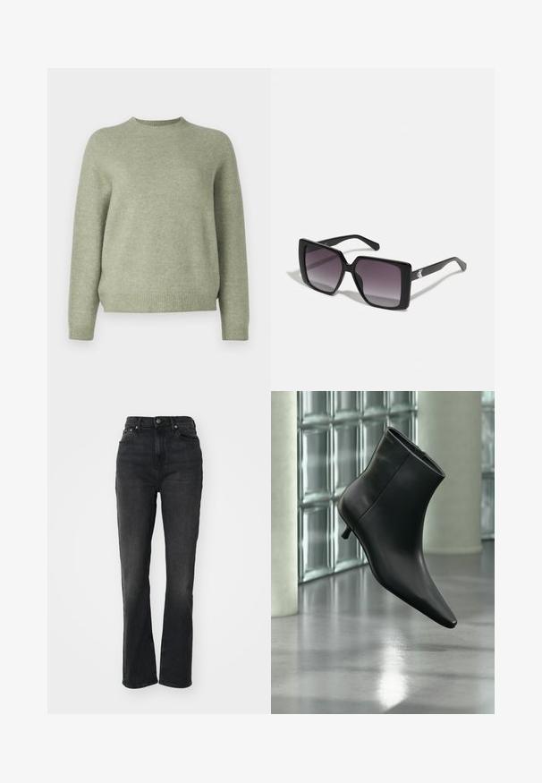 DRYKORN PEMIRI - Striktrøje - green; Højtaljede sorte denim jeans med lige ben, fem-lomme design, frontlukning med knap og minimal syning.; Sort læderankelstøvle med spids tå og lav kitten-hæ, vist vinklet mod en poleret gulv- og glasblokvæg.; Sorte firkantede solbriller med gradient grå linser. Blank ramme med rene linjer. Sølvlogo-aksecent på stængerne.