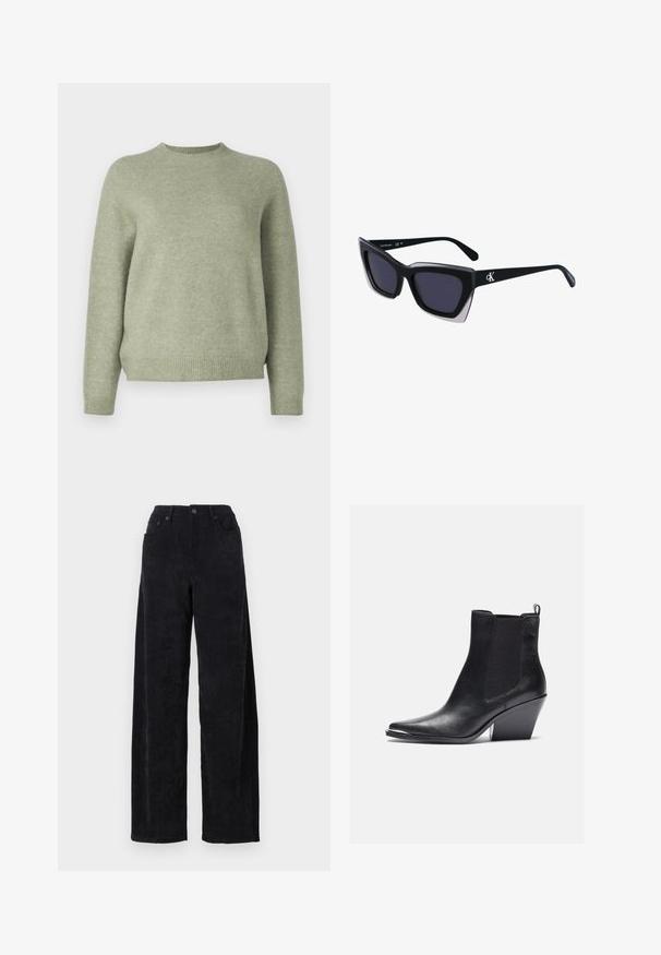 DRYKORN PEMIRI - Jersey de punto - green; Pantalones de sarga ancha negros con una cintura alta, que cuentan con dos bolsillos frontales y una sutil textura de canalé vertical.; Botas de cuero negro hasta el tobillo con punta afilada, paneles laterales elásticos y un tacón cuadrado. El acabado es suave con un diseño elegante.; Gafas de sol negras de gran tamaño con una forma geométrica, que presentan lentes oscuros y un detalle gris contrastante en la montura. Logo en la pata.