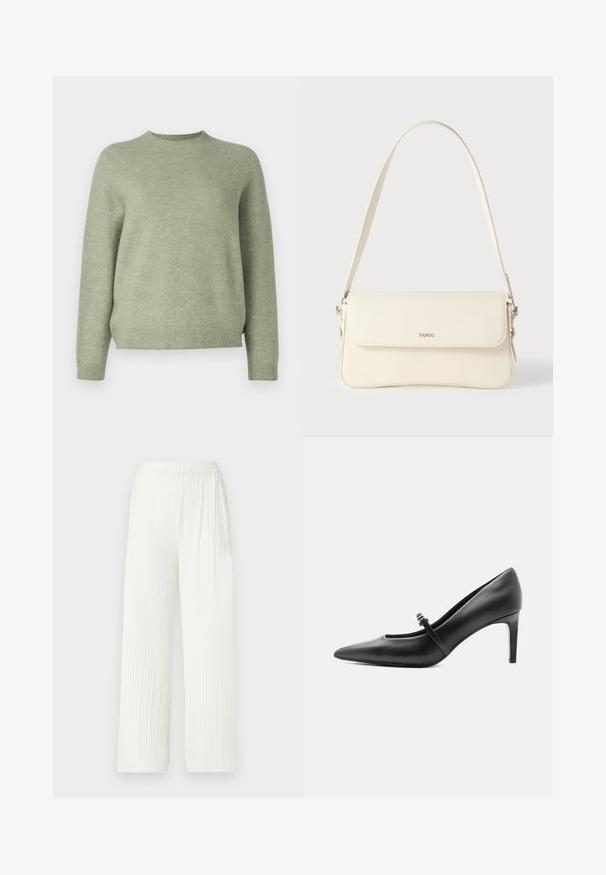 DRYKORN PEMIRI - Jersey de punto - green; Pantalones anchos plisados de color blanco con cintura elástica. Hechos de una tela ligera, presentan rayas verticales y un ajuste fluido.; Zapato de tacón alto de cuero negro con punta puntiaguda, con tira fina y hebilla sobre el empeine, sobre fondo claro y neutro.; Bolso de hombro de cuero color crema con cierre de solapa, herrajes plateados, una sola correa ajustable y detalles sutiles con el logo.