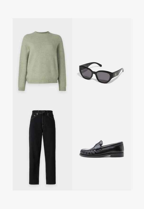 DRYKORN PEMIRI - Striktrøje - green; Sorte denimjeans med lige ben design, høj talje og kontrastsyning. Har fem lommer og lynlåslukning.; Sorte læderloafers med rundet tå, karakteristisk syning og en dekorativ rem over vampen. Glat finish og lav hæl.; Sorte solbriller med et strømlinet, vinklet design, mørke linser og et kontrasterende sølvlogo på siden. Glat plastoverflade.