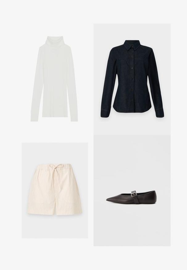 Biely rebrovaný rolák s dlhými rukávmi, mäkkou textúrou a vysokým rolovaným golierom, s priliehavým strihom a bez viditeľných zapínaní.; CLOSED SEAMING SHIRT - Blúzka so zapínaním na gombíky - dark blue; Svetlo béžové kraťasy s tenkými vertikálnymi pruhmi a elastickým pásom previazaným vpredu na mašľu, zobrazené na bielom pozadí.; Čierna kožená balerína s špicatou špičkou, úzkym remienkom a kovovou prackou na boku. Hladká textúra s minimalistickým dizajnom.