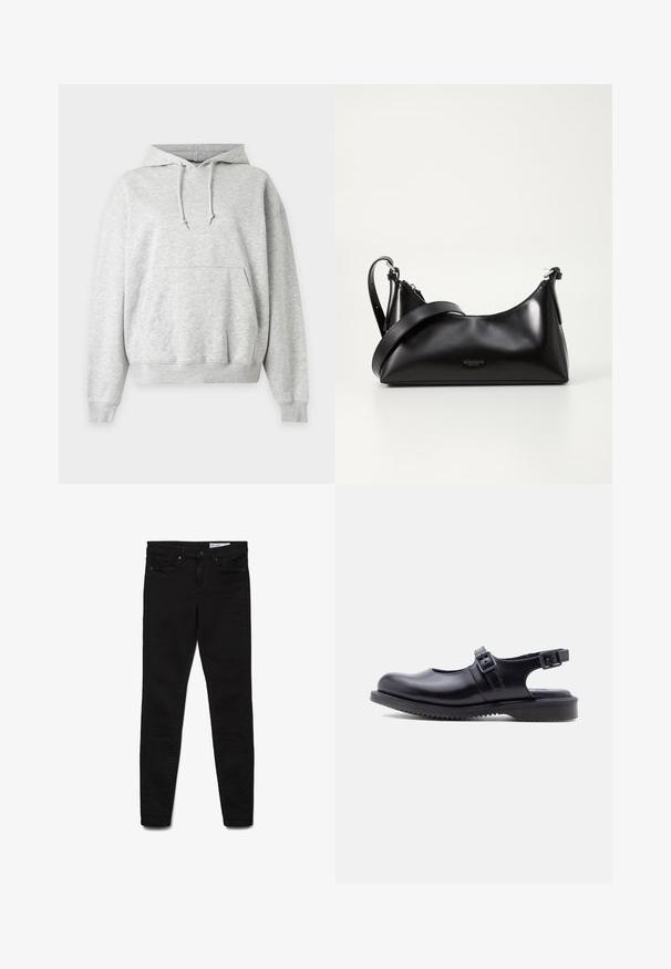 Sweat à capuche gris clair avec poche kangourou, capuche à cordon réglable et poignets et ourlet côtelés.; Jean skinny noir en tissu denim, présentant un design classique à cinq poches, une braguette zippée et des détails de couture subtils.; Chaussure style Mary Jane en cuir noir avec deux brides ajustables à boucle et une semelle épaisse en caoutchouc rainurée.; Sac à main en cuir noir avec une texture lisse. Dispose d'une bandoulière adjustable et d'un design élégant et minimaliste avec une fermeture éclair.