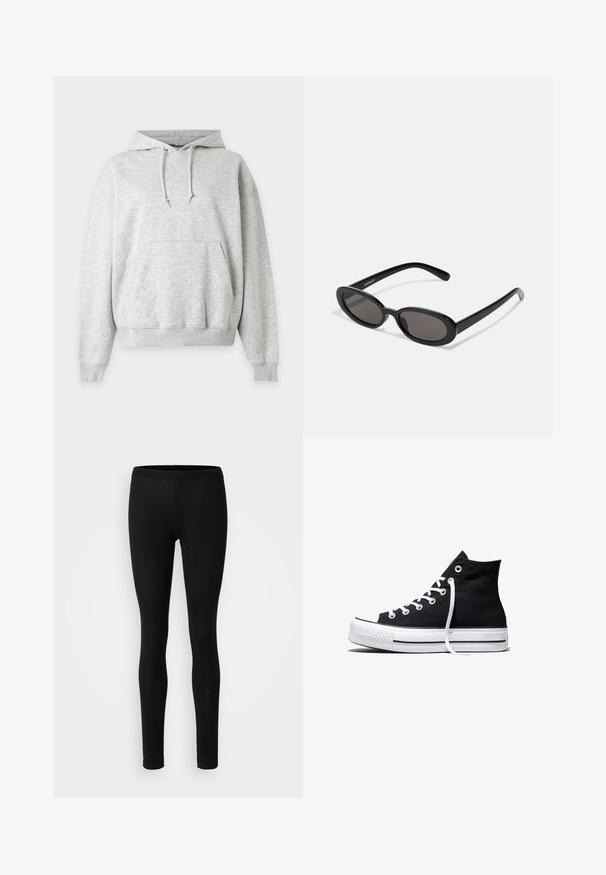 Sweat à capuche gris clair avec poche kangourou, capuche à cordon réglable et poignets et ourlet côtelés.; Leggings noirs en tissu doux et extensible. Ils ont une coupe ajustée avec une taille élastique et une texture lisse et mate.; Baskets montantes en toile noire avec semelle en caoutchouc blanche et lacets blancs, vues de côté sur un fond blanc.; Even&Odd Lunettes de soleil - black