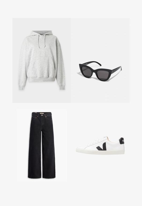 Sweat à capuche gris clair avec poche kangourou, capuche à cordon réglable et poignets et ourlet côtelés.; Jean noir à jambe large en denim, comportant cinq poches, des rivets en laiton et une fermeture à bouton classique. Texture lisse avec un design épuré.; Baskets blanches avec un logo V noir, présentant un dessus en cuir lisse, un bout rond, un système de laçage et un empiècement au talon noir contrastant.; Lunettes de soleil noires en forme d'œil de chat avec une finition mate, dotées de verres teintés gris, d'angles aigus et de branches élégantes. Nom de la marque visible sur la branche intérieure.