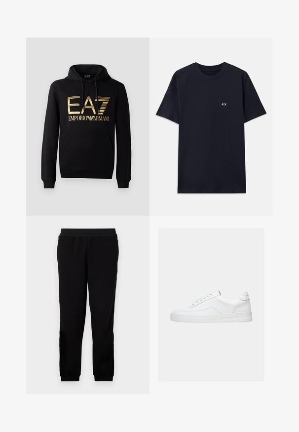 Sort hættejakke med et guld EA7-logo og "EMPORIO ARMANI" tekst på forsiden. Inkluderer en frontlomme og hætte med snore.; Mørkeblå bomulds T-shirt med korte ærmer og rund halsudskæring. Har et lille hvidt "A|X" logo på venstre brystområde.; Sorte sweatpants lavet af et blødt materiale, med et elastisk liv, tætsiddende manchetter og sidelommer for ekstra bekvemmelighed.; Hvid lavt sneaker med snørelukning, glat læderoverdel og tyk sål, vist fra siden på en ensfarvet baggrund.