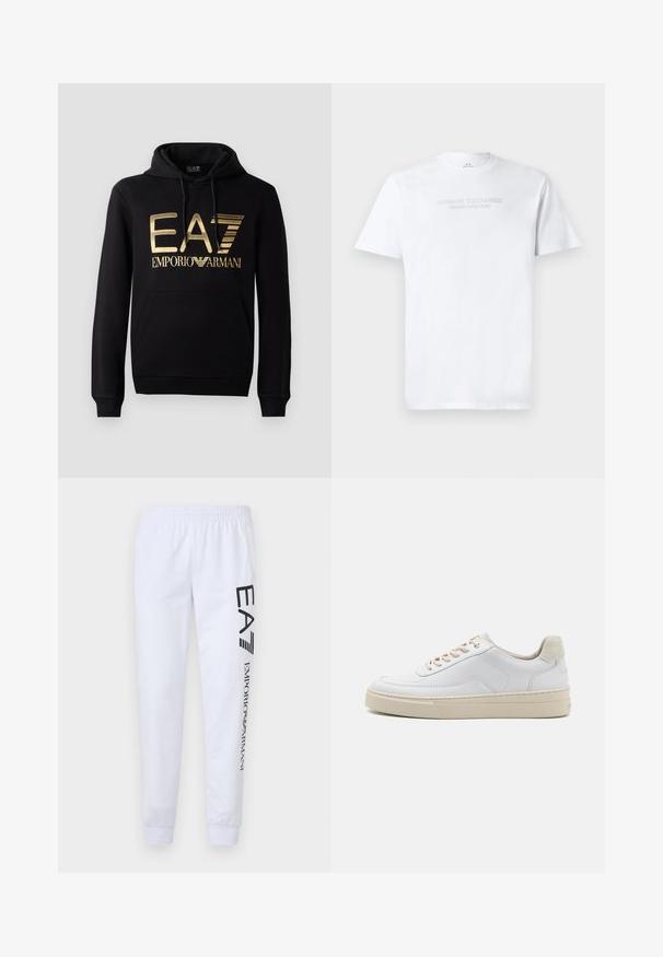 Zwarte hoodie met een gouden EA7-logo en de tekst "EMPORIO ARMANI" op de voorkant. Inclusief een voorste kangoeroezak en trekkoord voor de capuchon.; Witte katoenen t-shirt met een ronde hals, korte mouwen en een reliëflogo "ARMANI EXCHANGE MILANO/NEW YORK" op de voorkant.; Witte sweatpants gemaakt van zacht materiaal, met zwarte bedrukte logo's "EA7" en "Emporio Armani" langs het linkerpijp, en voorzien van een elastische tailleband en boorden.; Witte sneaker met een gevoerd leren bovenwerk, beige veters en een gestructureerde beige suede hieltab. Verhoogde zool voor extra hoogte.