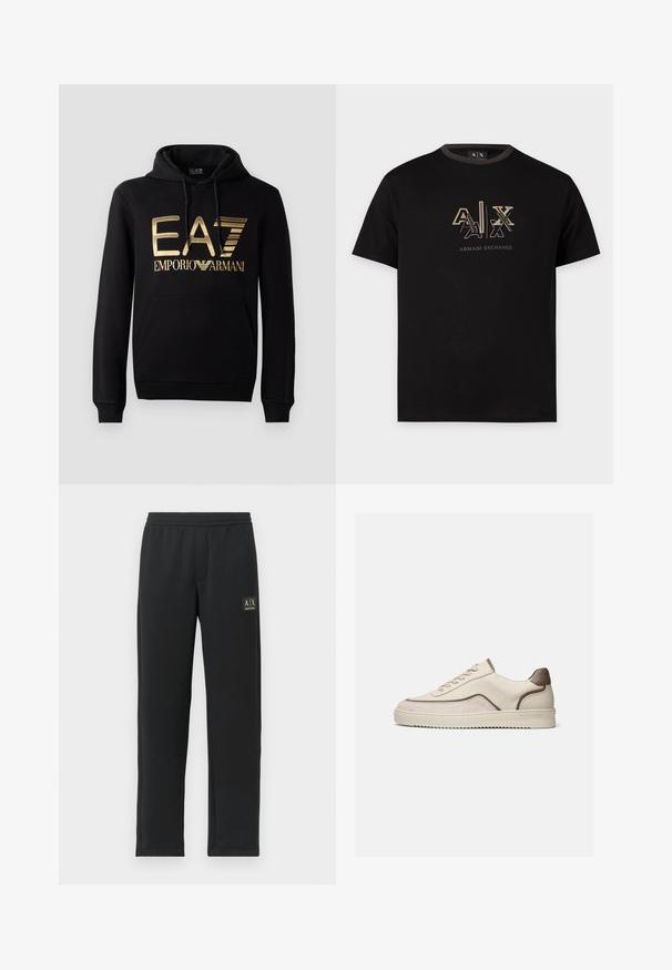 Sort hættejakke med et guld EA7-logo og "EMPORIO ARMANI" tekst på forsiden. Inkluderer en frontlomme og hætte med snore.; Sort t-shirt med korte ærmer med lagdelt A|X-logo og "Armani Exchange" tekst på brystet, rund halsudskæring.; Sorte sweatpants med lige ben, elastisk talje og sort logo-patch på venstre lår.; Lavtop beige sneaker med snørelukning, ruskind- og læderpaneler og en rillede gummisål på en ensfarvet hvid baggrund.