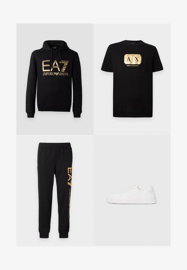 Sudadera negra con logo dorado de EA7 y texto "EMPORIO ARMANI" en la parte frontal. Incluye un bolsillo tipo canguro en la parte delantera y capucha con cordón.; Camiseta de algodón negra con un logotipo rectangular dorado que incluye el texto "A|X" y "ARMANI EXCHANGE" abajo. Corte clásico con mangas cortas.; Chandal negro hecho de tela suave, con cinturilla elástica y tobillos ajustados. Marca amarilla impresa verticalmente en la pierna izquierda.; Zapatilla blanca con parte superior de cuero suave, puntera redondeada, cordones, acentos laterales texturizados y suela de goma gruesa. Diseño minimalista.