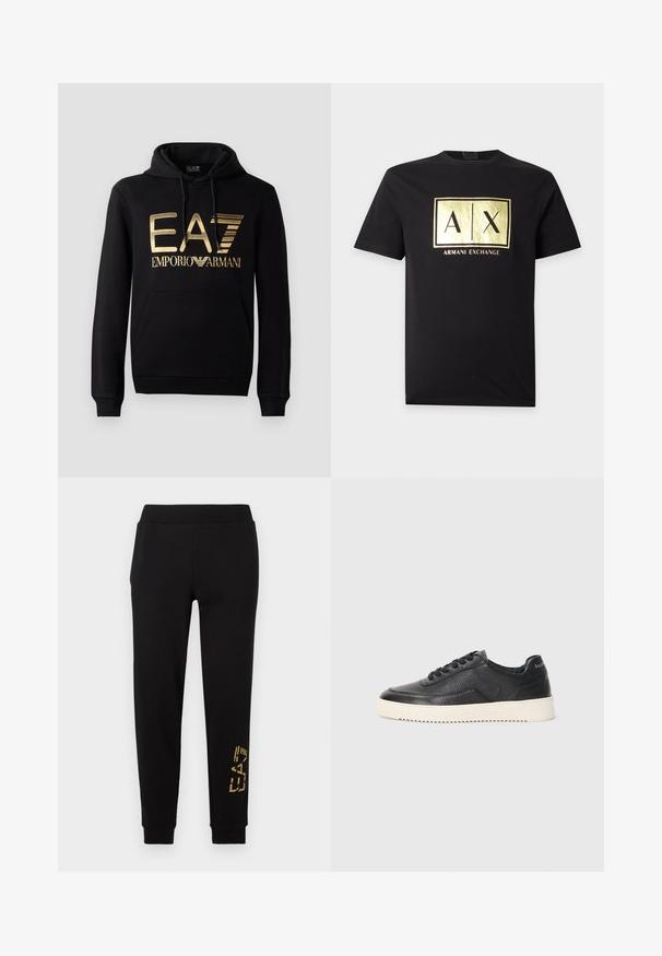 Sudadera negra con logo dorado de EA7 y texto "EMPORIO ARMANI" en la parte frontal. Incluye un bolsillo tipo canguro en la parte delantera y capucha con cordón.; Camiseta negra de manga corta con un logo cuadrado dorado brillante que muestra "A|X" y "Armani Exchange" texto debajo del logo.; Pantalones deportivos negros de corte relajado, con un diseño gráfico dorado en la parte inferior de la pierna y una cintura elástica para mayor comodidad.; Zapatillas de cuero negro con acabado texturizado, puntera redonda y suela de goma blanca plana. Presenta cordones negros y una marca en el talón.