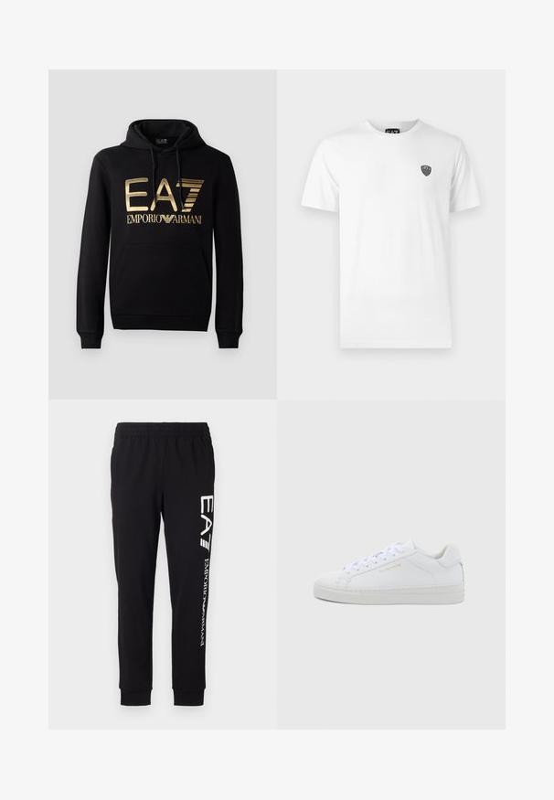 Sort hættejakke med et guld EA7-logo og "EMPORIO ARMANI" tekst på forsiden. Inkluderer en frontlomme og hætte med snore.; Hvid bomuld t-shirt med korte ærmer, der har et lille sort logo på venstre brystområde. Klassisk crew neck design.; Sorte sweatpants lavet af strækbart stof. Har en elastisk talje, tapered manchetter og hvid branding på venstre ben.; Hvide sneakers i lav model og læder med rund snude, flade snørebånd, tekstureret sål og diskret guldfarvet logo på siden. Glat overflade og minimalistisk design.