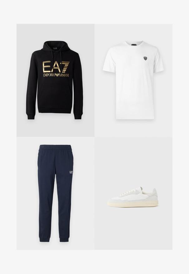 Čierna mikina s kapucňou, ktorá na prednej strane obsahuje zlaté logo EA7 a text "EMPORIO ARMANI". Má prednú vrecko s kangaroo a kapucňu so sťahovacou šnúrkou.; Biela bavlnená tričko s krátkymi rukávmi, s malým čiernym logom na ľavej hrudi. Klasický dizajn s okrúhlym výstrihom.; Námornícke modré tepláky s elastickým pásom a manžetami. Na ľavej nohe je malé biele logo. Vyrobené z mäkkého, elastického materiálu.; Biela teniska s jemne štruktúrovaným zvrškom zo semišu a kože. Má zaoblenú špičku, viazanie na šnúrky a kontrastnú béžovú gumovú podrážku.